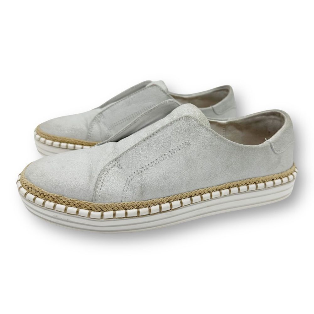 J/Slides NYC‎ Kayla Leather Metallic Gray Slip-On Sneakers Whipstitch Detail 7
